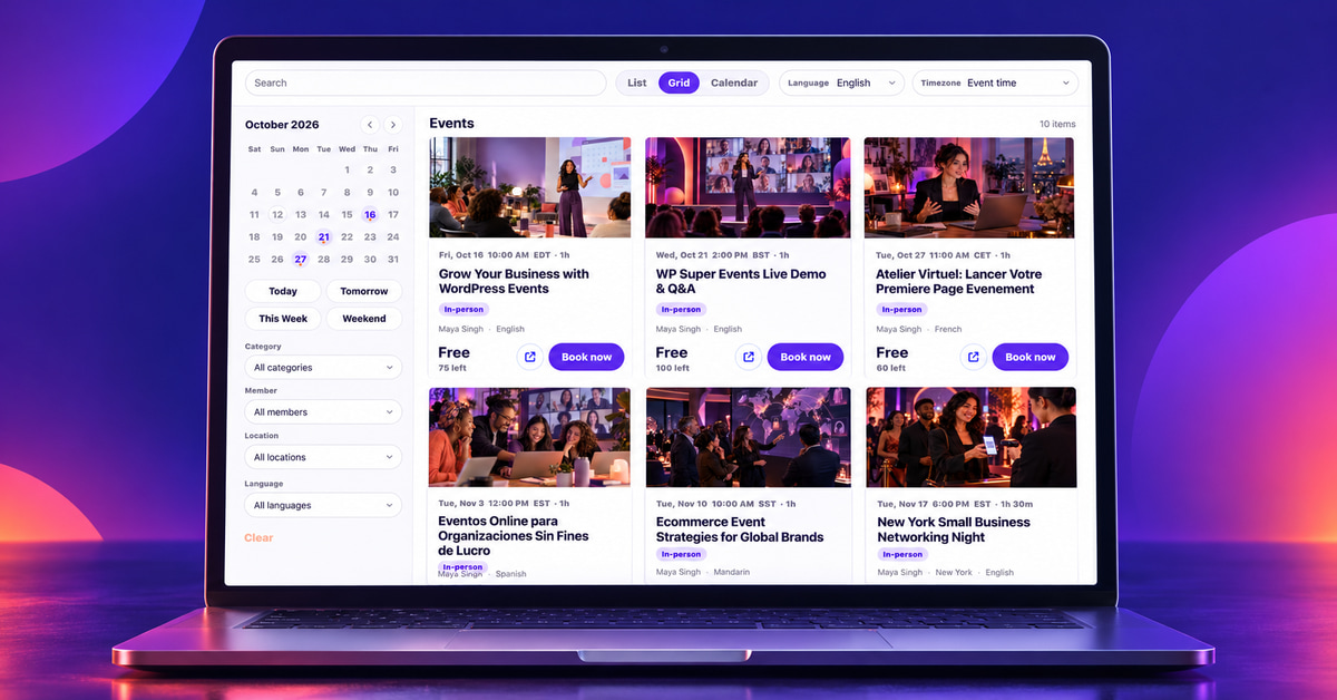 WP Super Events calendar and event cards displayed on a laptop